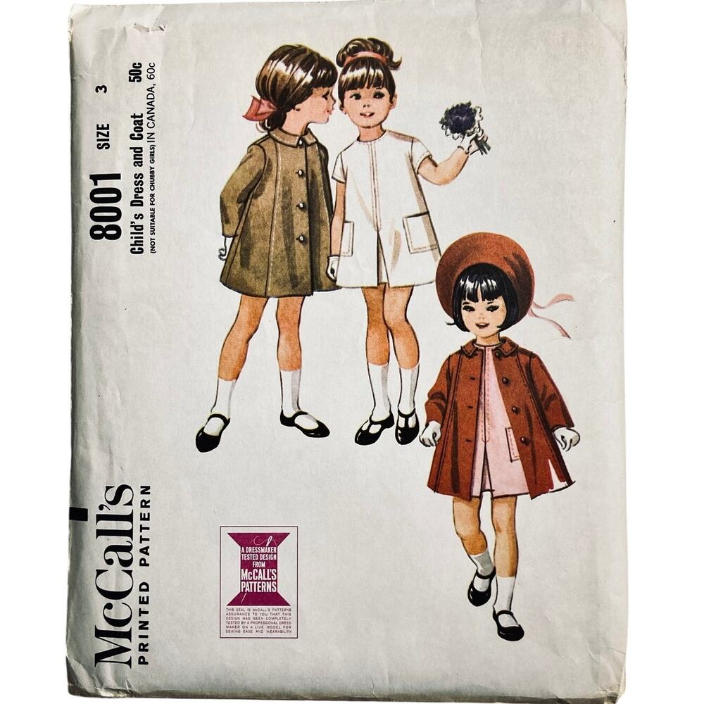 McCall's 8001 Vintage Sewing Pattern Child's/Girls Dress and Coat Size 3 Uncut